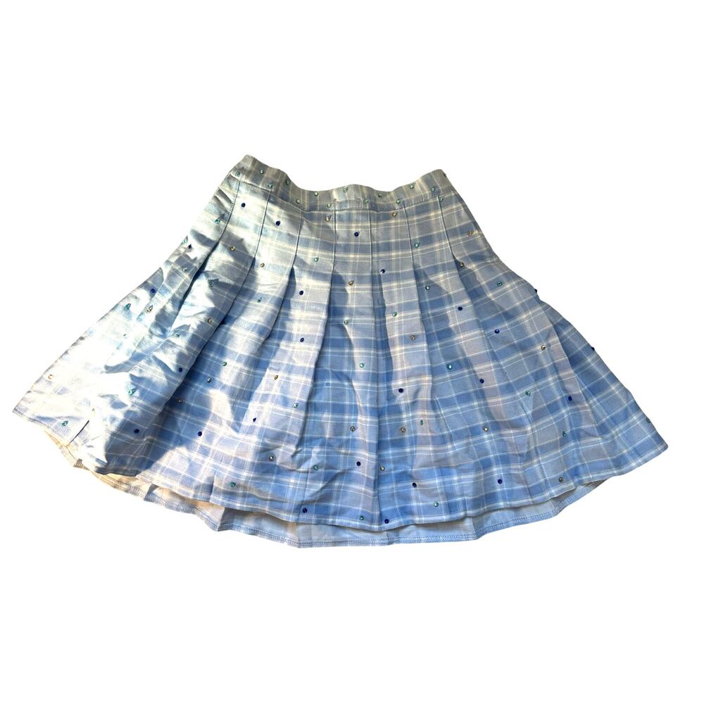 Girls Size 11/12 Blue Plaid Pleated Skirt Rainbow Rhinestones Shorts